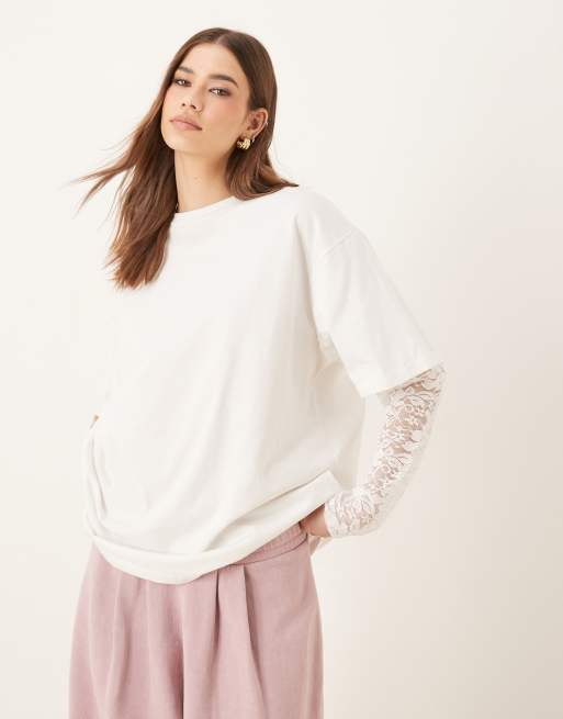 ASOS DESIGN - Elfenbensfarvet og regular fit-t-shirt med blondeærmer, 4 af 4