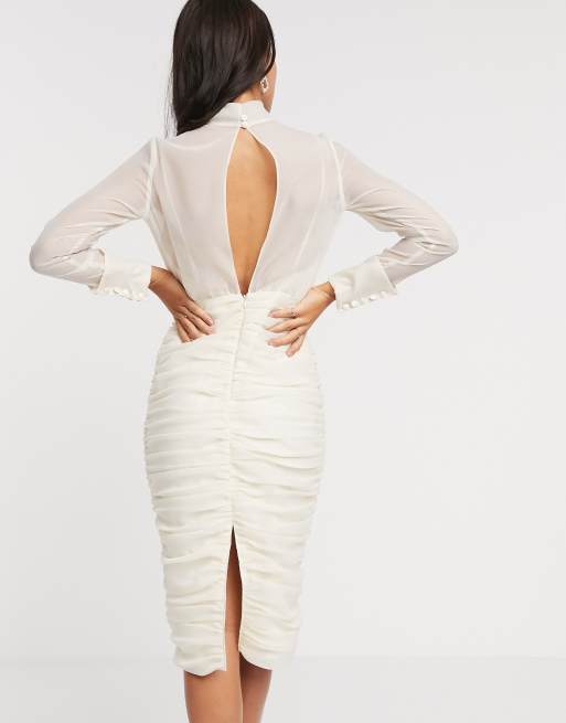 ASOS DESIGN - Elfenbensfarvet rynket pencil-midikjole i organza, 2 af 4