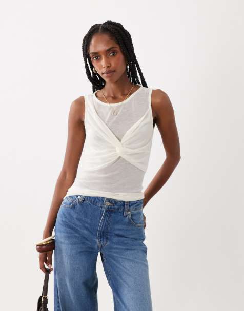 ASOS DESIGN - Elfenbenshvid blød halvgennemsigtig tanktop med rynker på brystet - view 1