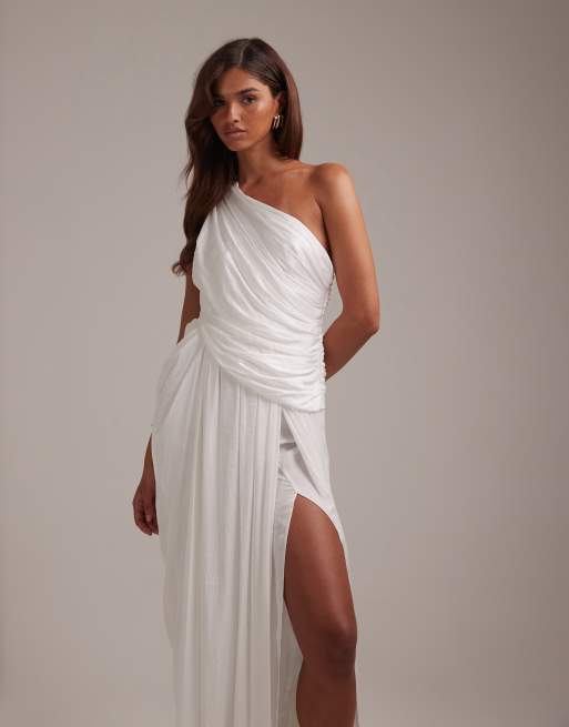 ASOS DESIGN - Elfenbenshvid brudekjole i græsk stil med oneshoulder-snit, 6 af 6