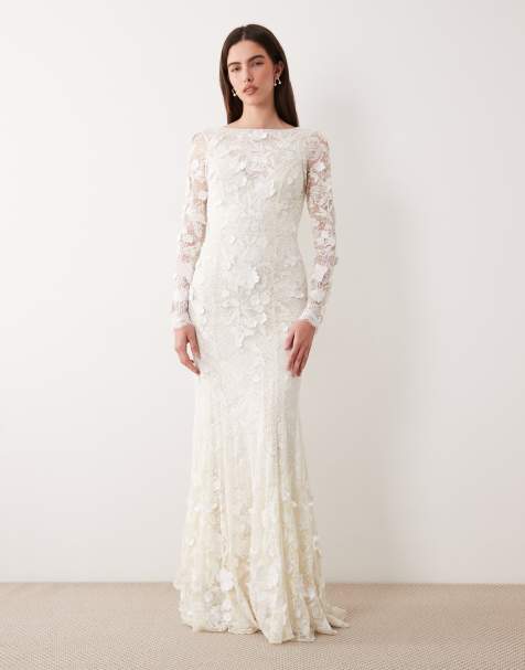 ASOS DESIGN - Elfenbenshvid maxi-brudekjole med lange ærmer, åben ryg og broderede blomsterapplikationer i blondestof - view 1