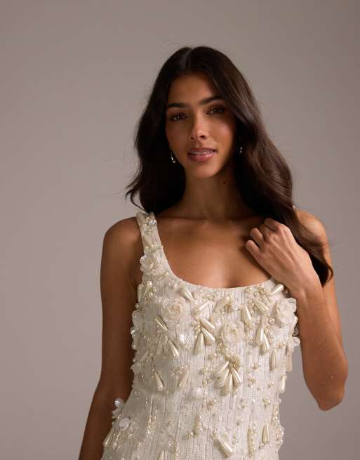 ASOS DESIGN - Elfenbenshvid minikjole med gennemgående perleudsmykning, 4 af 5