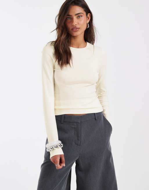 ASOS DESIGN - Elfenbenshvid minimalistisk tætsiddende top med lange ærmer, 2 af 4