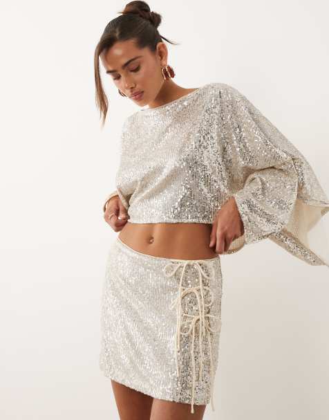 ASOS DESIGN - Elfenbenshvid mininederdel med bindebånd i siden og pailletter - view 1