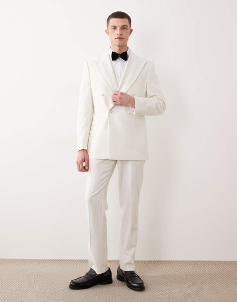 ASOS DESIGN - Elfenbenshvid smal dobbeltradet smoking med satindetaljer - view 1