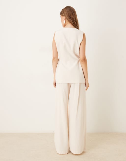 ASOS DESIGN - Elfenbenshvide bukser i hørblanding med bindebånd i taljen - Del af sæt, 3 af 5