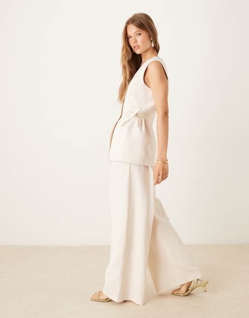 ASOS DESIGN - Elfenbenshvide bukser i hørblanding med bindebånd i taljen - Del af sæt, 5 af 5