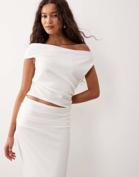ASOS DESIGN – Elfenbensvit, asymmetrisk topp med ribbad textur, del av set - view 1