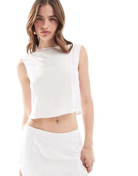 ASOS DESIGN – Elfenbensvit, åtsmitande topp i linneblandning med rak halsringning, del av set - view 1