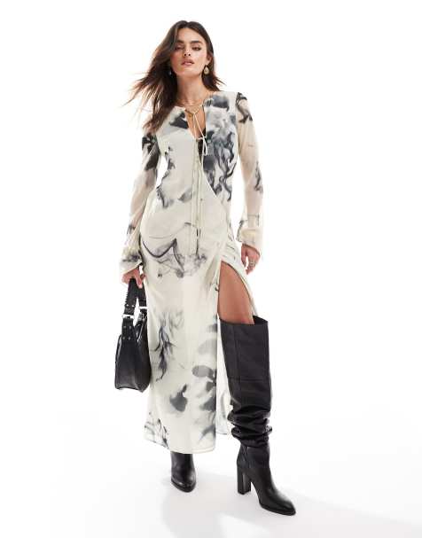 ASOS DESIGN – Elfenbensvit, bläckmönstrad maxiklänning med knytning och omlottdesign - view 1