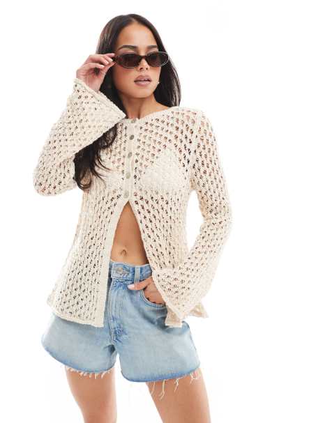 ASOS DESIGN – Elfenbensvit, hålstickad kofta med rak halsringning - view 1