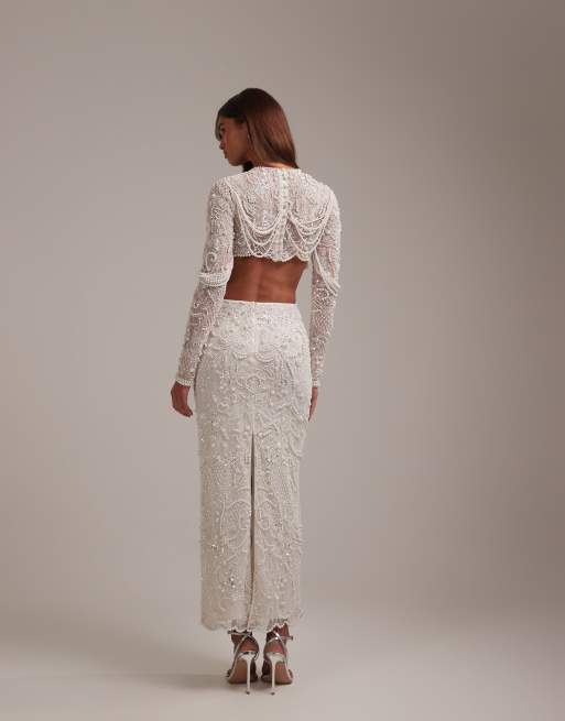 ASOS DESIGN – Elfenbensvit, pärlprydd och rak bröllopsklänning i maxilängd med utskuren midja, 3 av 5