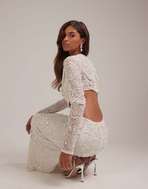 ASOS DESIGN – Elfenbensvit, pärlprydd och rak bröllopsklänning i maxilängd med utskuren midja, 4 av 5