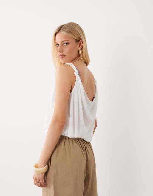 ASOS DESIGN – Elfenbensvit, skir, slubvävd topp med ballongfåll och drapering baktill, 4 av 4