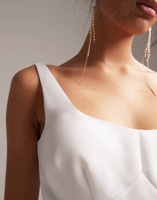ASOS DESIGN – Elfenbensvit, strukturerad, minilång bröllopsklänning i satin med fyrkantig ringning, 4 av 6