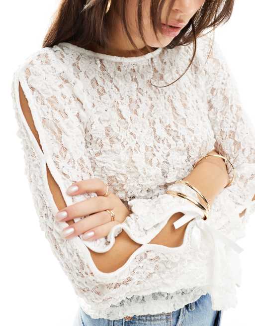 ASOS DESIGN – Elfenbensvit topp i spets med rak halsringning och rosett, 3 av 4