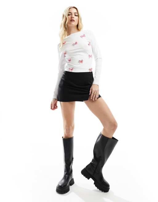ASOS DESIGN – Elfenbensvit topp med ginghamrutiga rosetter och långa ärmar, 4 av 4
