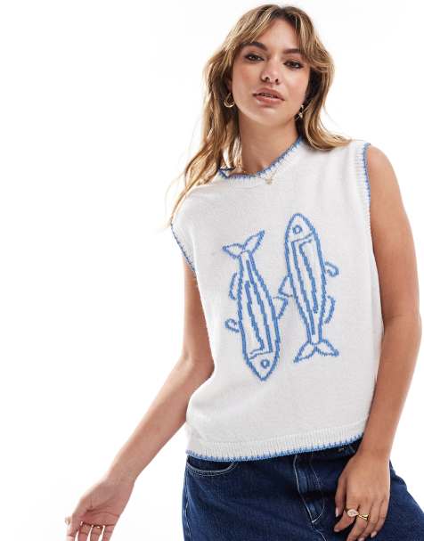 ASOS DESIGN – Elfenbensvitt, stickat linne med sardiner - view 1