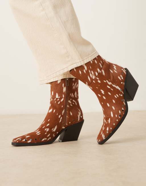 ASOS DESIGN Elixir leather pony western studded ankle boots in deer print