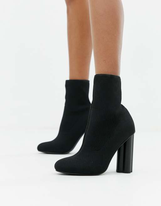 asos design elsie high heeled sock boots in bone patent