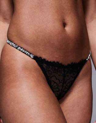 Asos Design Eliza Lace Tanga Brazilian Briefs With Rhinestone Straps In Black