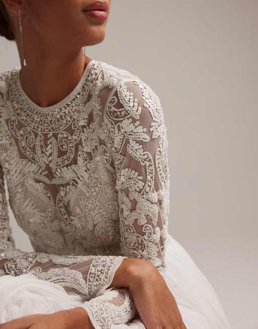 ASOS DESIGN - Elizabeth - Langærmet og hvid brudekjole med perlebesat overdel , 3 af 6