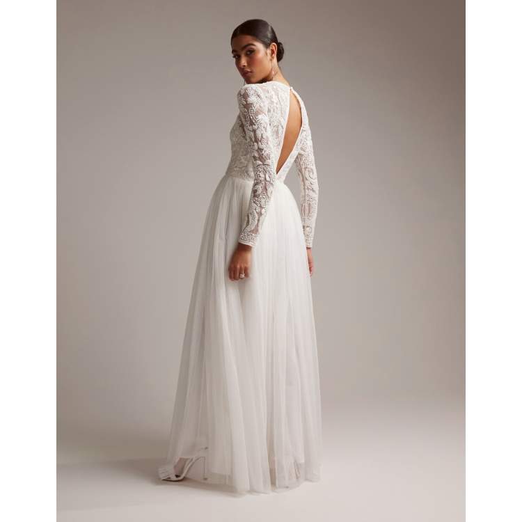 ASOS DESIGN Elizabeth long sleeve wedding dress with beaded bodice in white  - WHITE