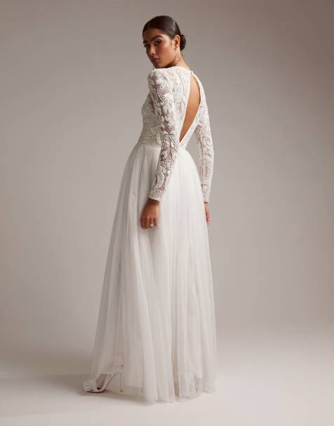 Asos edition long sleeve lace bodice clearance maxi wedding dress with pleated skirt