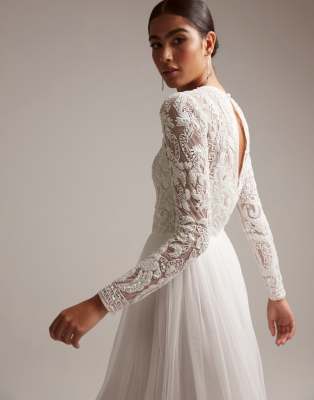 ASOS DESIGN Elizabeth long sleeve wedding dress with beaded bodice in white  | ASOS