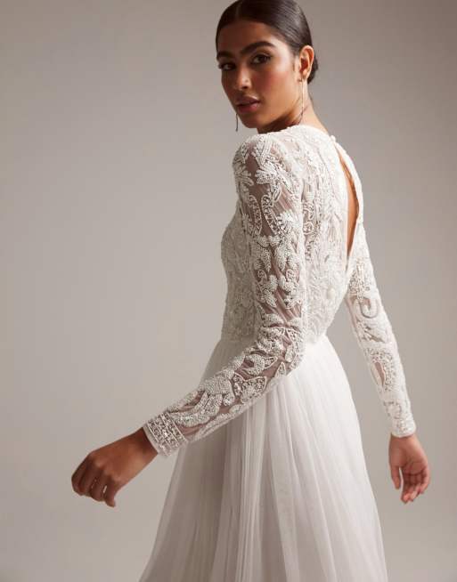 ASOS DESIGN Elizabeth long sleeve wedding dress with beaded bodice in white