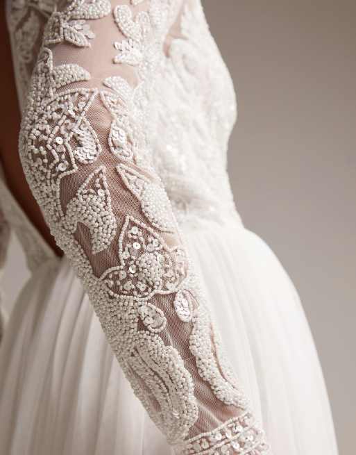 ASOS EDITION Ella blouson sleeve beaded cutwork wedding dress in cream