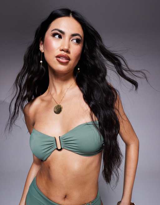 ASOS DESIGN Ella bandeau bikini top with gold front trim in khaki, 3 of 4