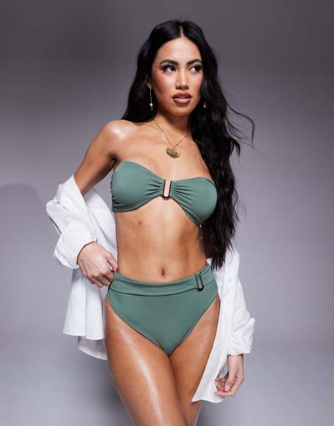 ASOS DESIGN – Ella – Bikini in Khaki mit goldfarbenem Besatz - view 1