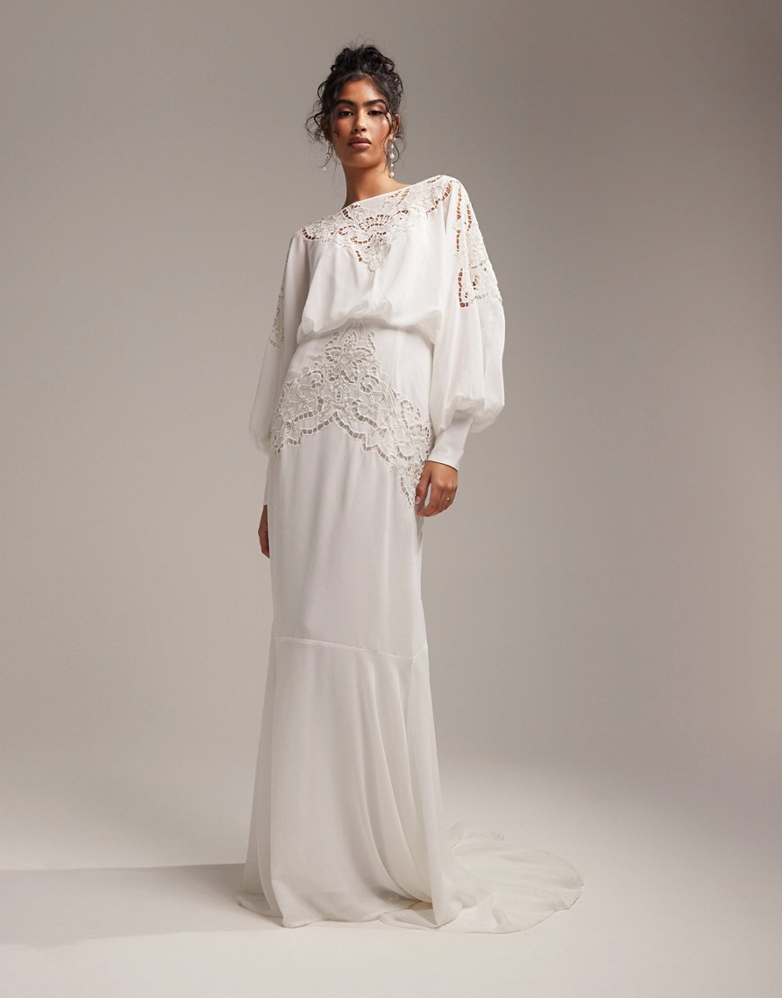 ASOS DESIGN Ella blouson sleeve beaded cutwork wedding dress in cream-White