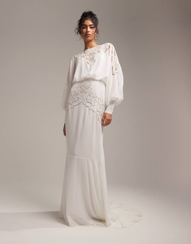 ASOS DESIGN - ella blouson sleeve beaded cutwork wedding dress in cream