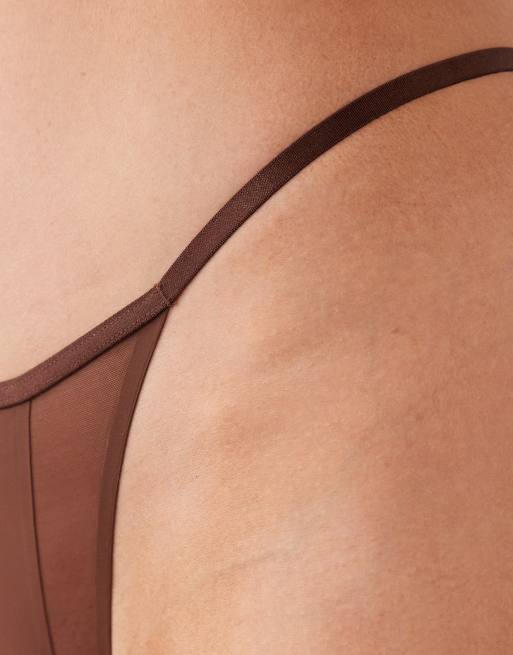 ASOS DESIGN – Ella – Chokladbruna stringtrosor i mikrofiber och tangamodell med meshdetaljer, 4 av 4