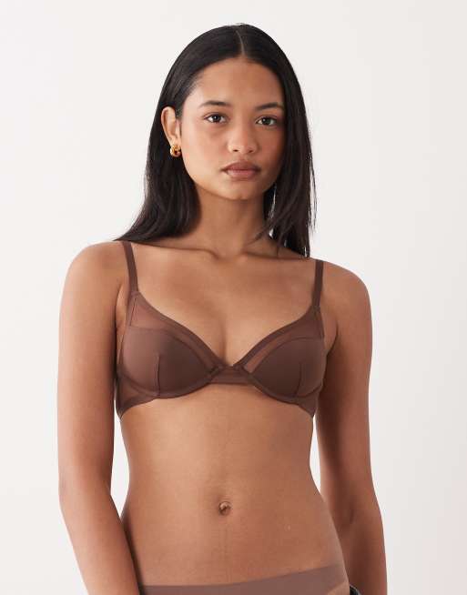 ASOS DESIGN - Ella - Chokoladebrun formstøbt demi-BH i mikrofiber med bøjle og polstring og mesh-detaljer, 3 af 4