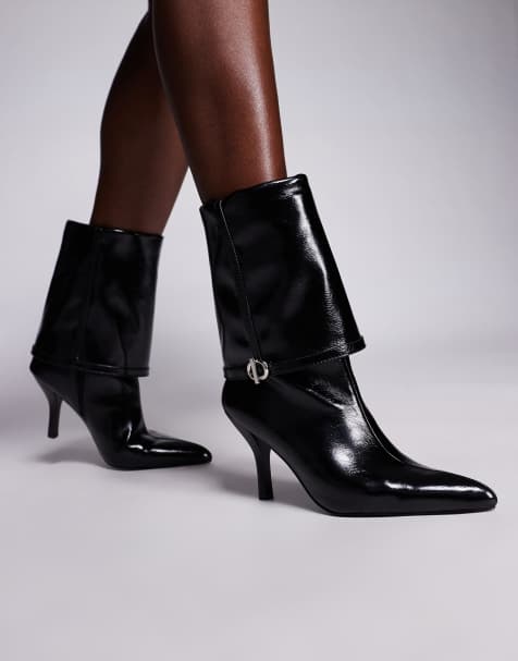 ASOS DESIGN Ella heeled fold over ankle boots with buckle detail in black - view 1