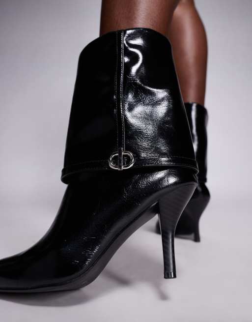 ASOS DESIGN Ella heeled fold over ankle boots with buckle detail in black, 4 of 4