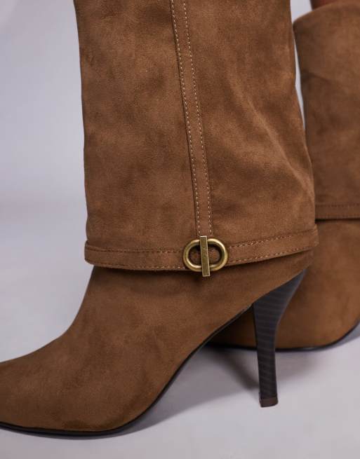 ASOS DESIGN Ella heeled fold over ankle boots with buckle detail in sand suedette, 3 of 4