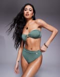 [ASOS DESIGN] ASOS DESIGN Ella high waist bikini bottoms with gold trim in khaki-Green 14 Khaki