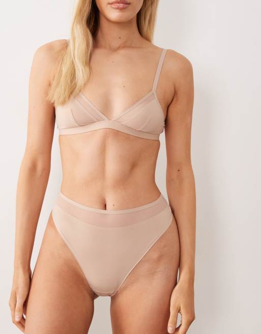 ASOS DESIGN - Ella - Hoogopgesneden string van microvezel met hoge taille en mesh detail in beige, 3 van 4