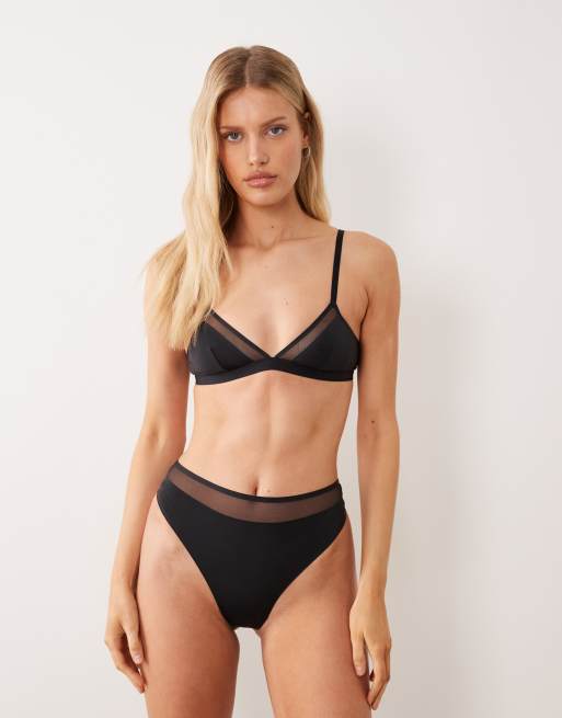 ASOS DESIGN - Ella - Hoogopgesneden string van microvezel met hoge taille en mesh detail in zwart, 2 van 4