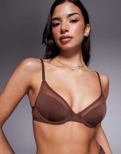 ASOS DESIGN Ella microfiber demi pad underwire bra with mesh detailing in chocolate - view 1