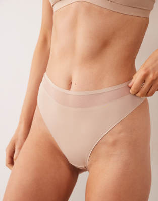 Asos Design Ella Microfiber High Leg High Waist Thong With Mesh Detail In Neutral