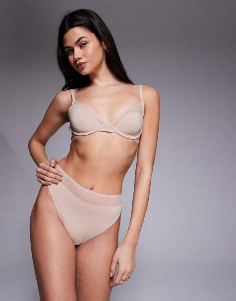 ASOS DESIGN Ella microfiber high leg high waist thong with mesh detail in beige - view 1