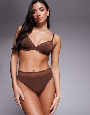 Asos Design Ella Microfiber High Leg High Waist Thong With Mesh Detailing In Brown