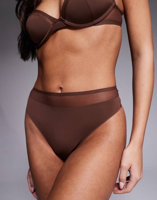 ASOS DESIGN Ella microfibre high leg high waist thong with mesh detail in chocolate, 3 of 4