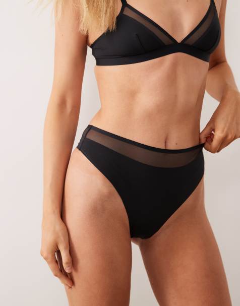 ASOS DESIGN – Ella – Mikrofaser-Tanga in Schwarz mit hohem Beinausschnitt, hohem Bund und Netzstoff-Detail - view 1