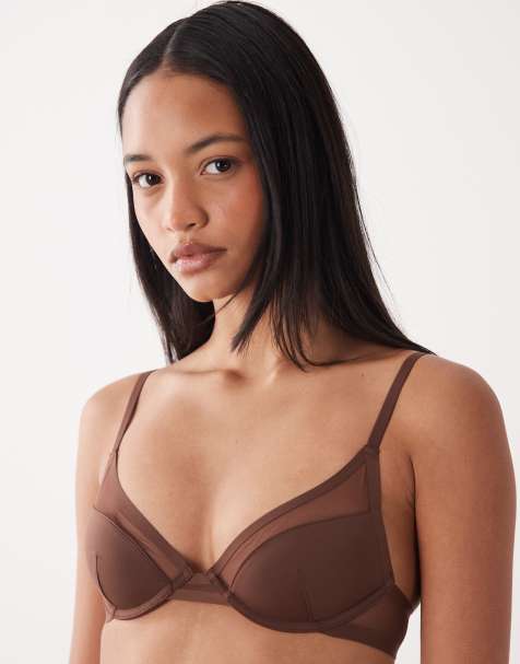 ASOS DESIGN Ella molded microfiber demi pad underwire bra with mesh detail in chocolate - view 1